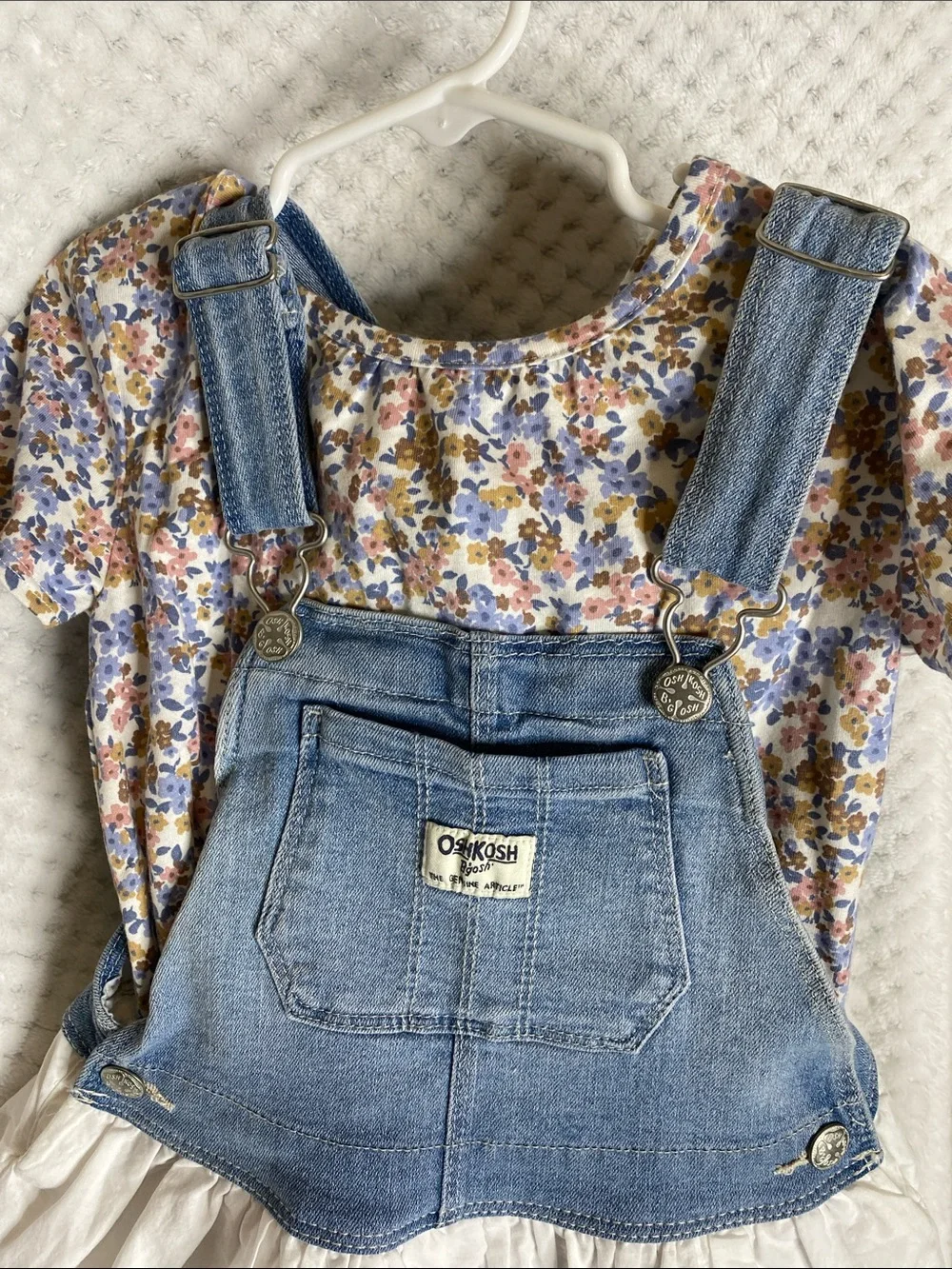 OshKosh B'gosh Denim Overall Jumper Dress with White Eyelet Skirt and Floral Top